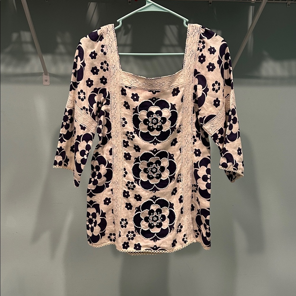 Tory Burch Cream and Navy beaded Floral Blouse - Picture 6 of 6
